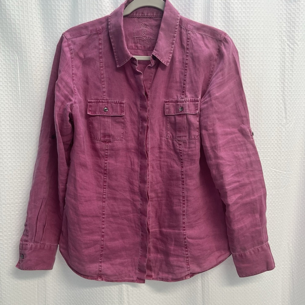 Tommy Bahama 100% Linen Stone Washed Pink Roll Tab Sleeve‎ Blouse Small Beach